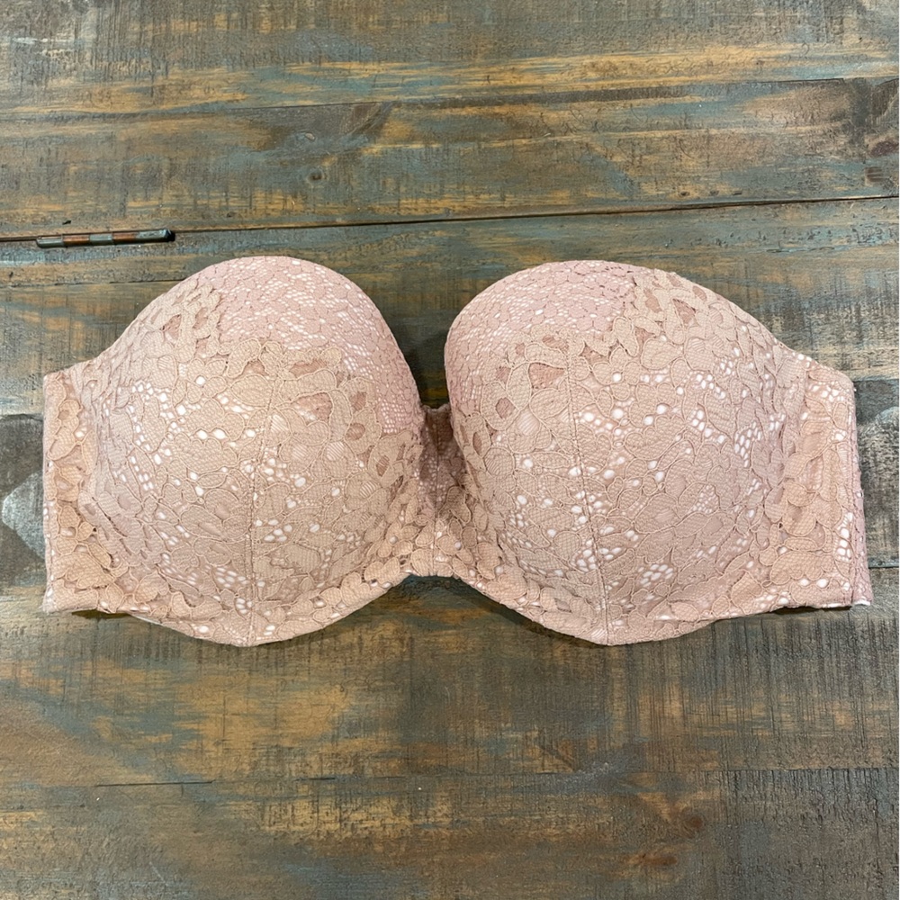 Victoria’s Secret strapless convertible bra, blush with lace overlay, 36 DD